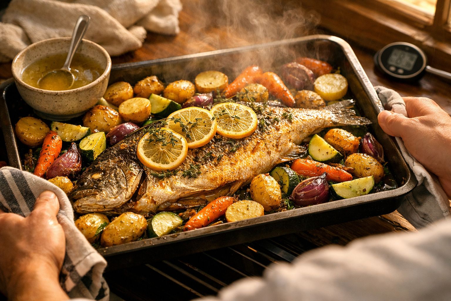 Peixe assado com rodelas de limão, ervas, batatas, cenouras, cebolas e curgetes num tabuleiro no forno.