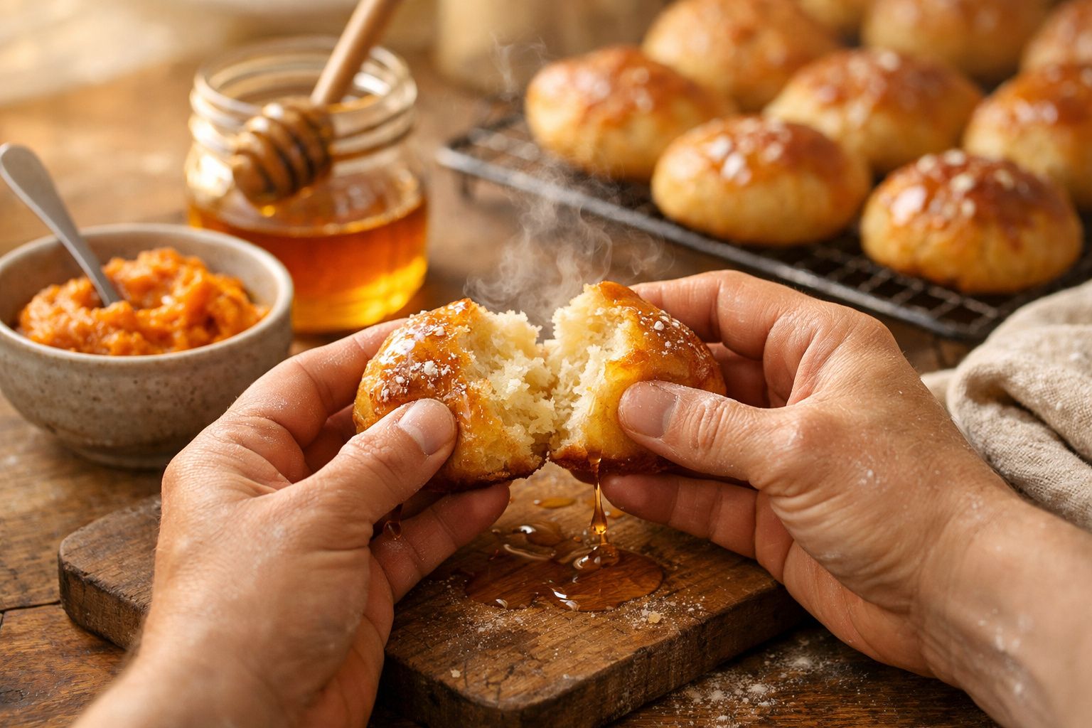 Mãos partem um pão quente ao meio, com mel a escorrer, ao lado de um frasco de mel e doce de abóbora.