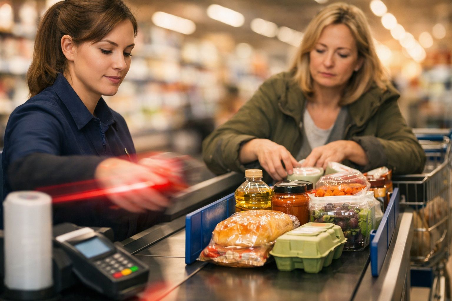 Caixa de supermercado a passar produtos pelo leitor enquanto cliente aguarda, com vários itens no tapete de compras.