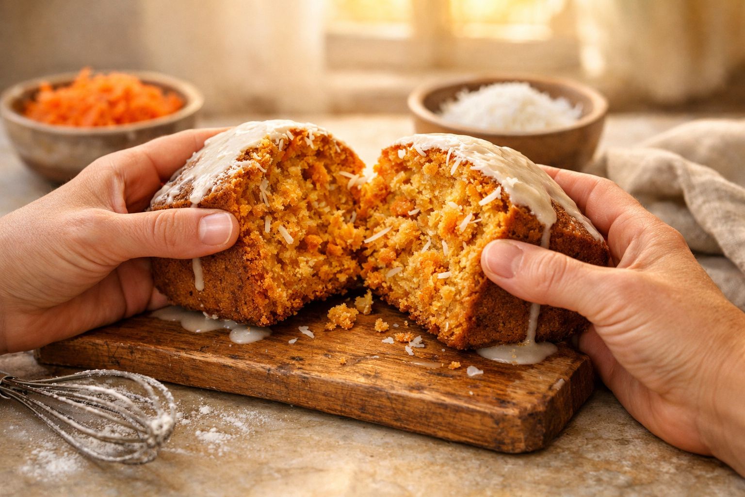 Bolo de cenoura com cobertura brilhante sendo servido, sobre uma mesa rústica com cenouras e arroz ao fundo.