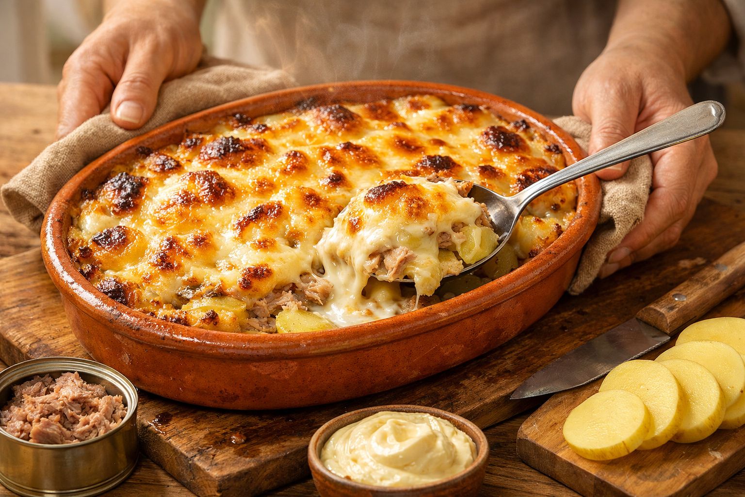 Mãos servindo uma porção de bacalhau gratinado numa travessa de vidro, com vapor visível.