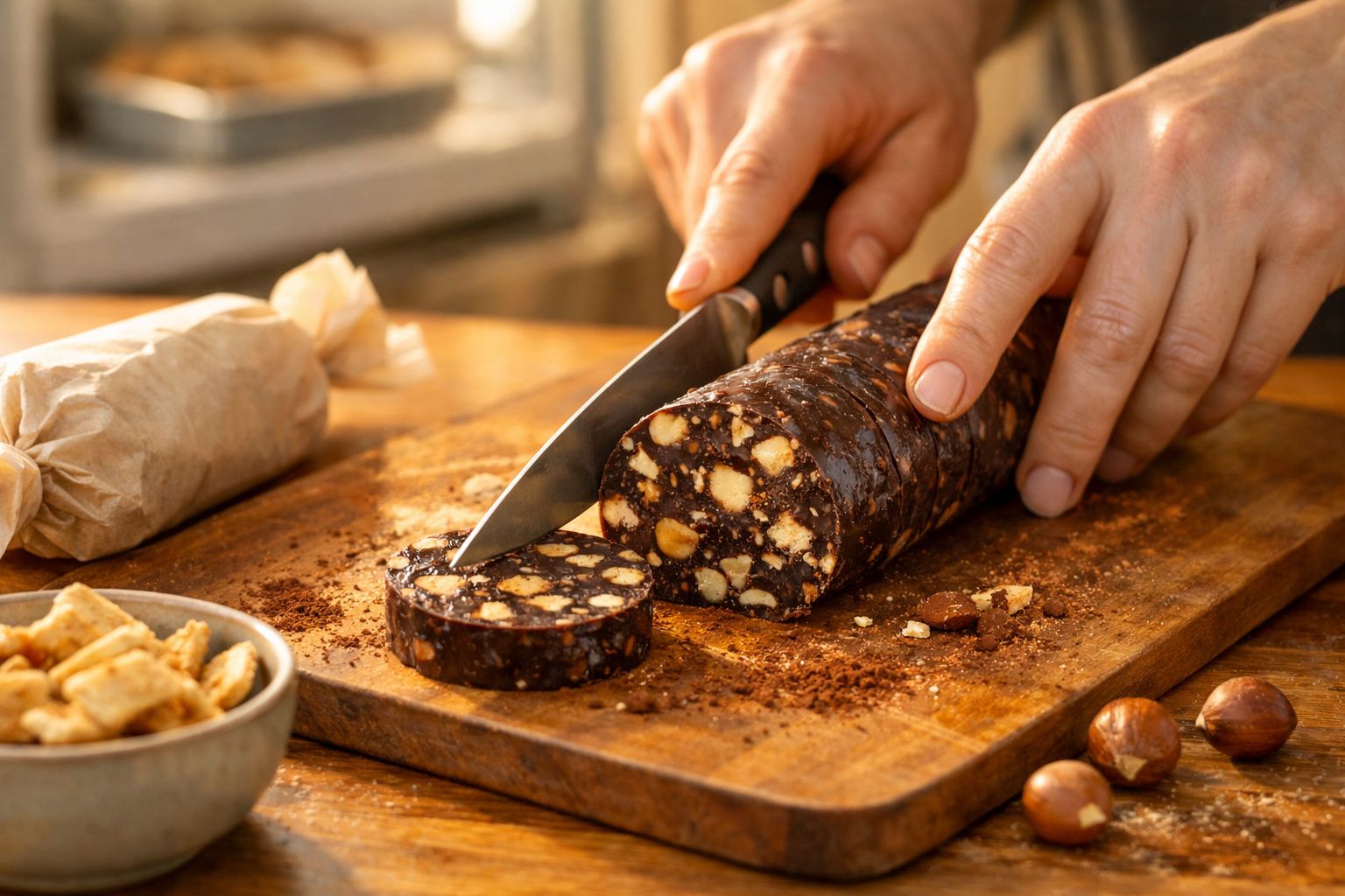 Mão cortando fatia de salame de chocolate com biscoito em cima de uma tábua, com mais fatias ao fundo.