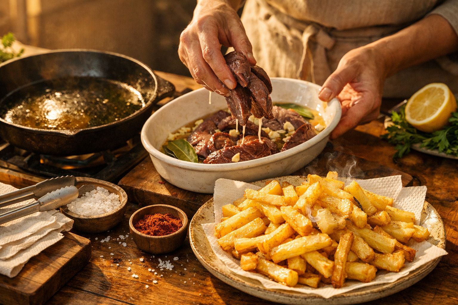 Pessoa preparando fígado em leite, ao lado de batatas fritas e ingredientes numa bancada de cozinha.