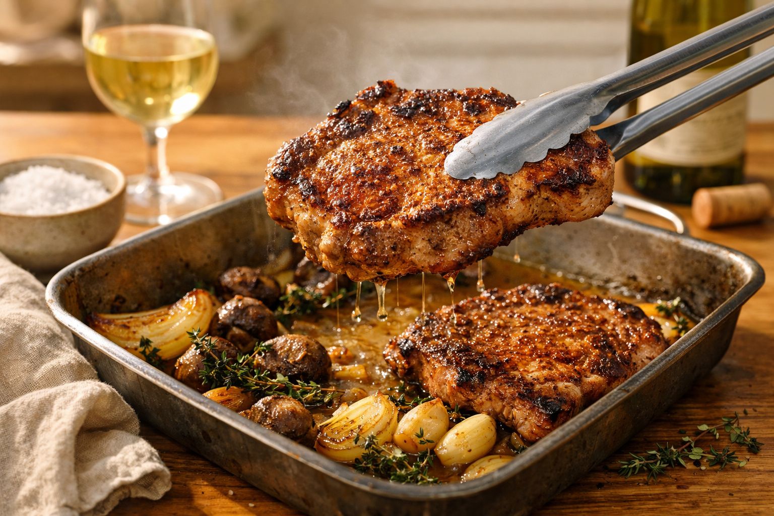 Mãos servindo costeletas suculentas numa assadeira com cogumelos e alho, numa mesa de madeira rústica.
