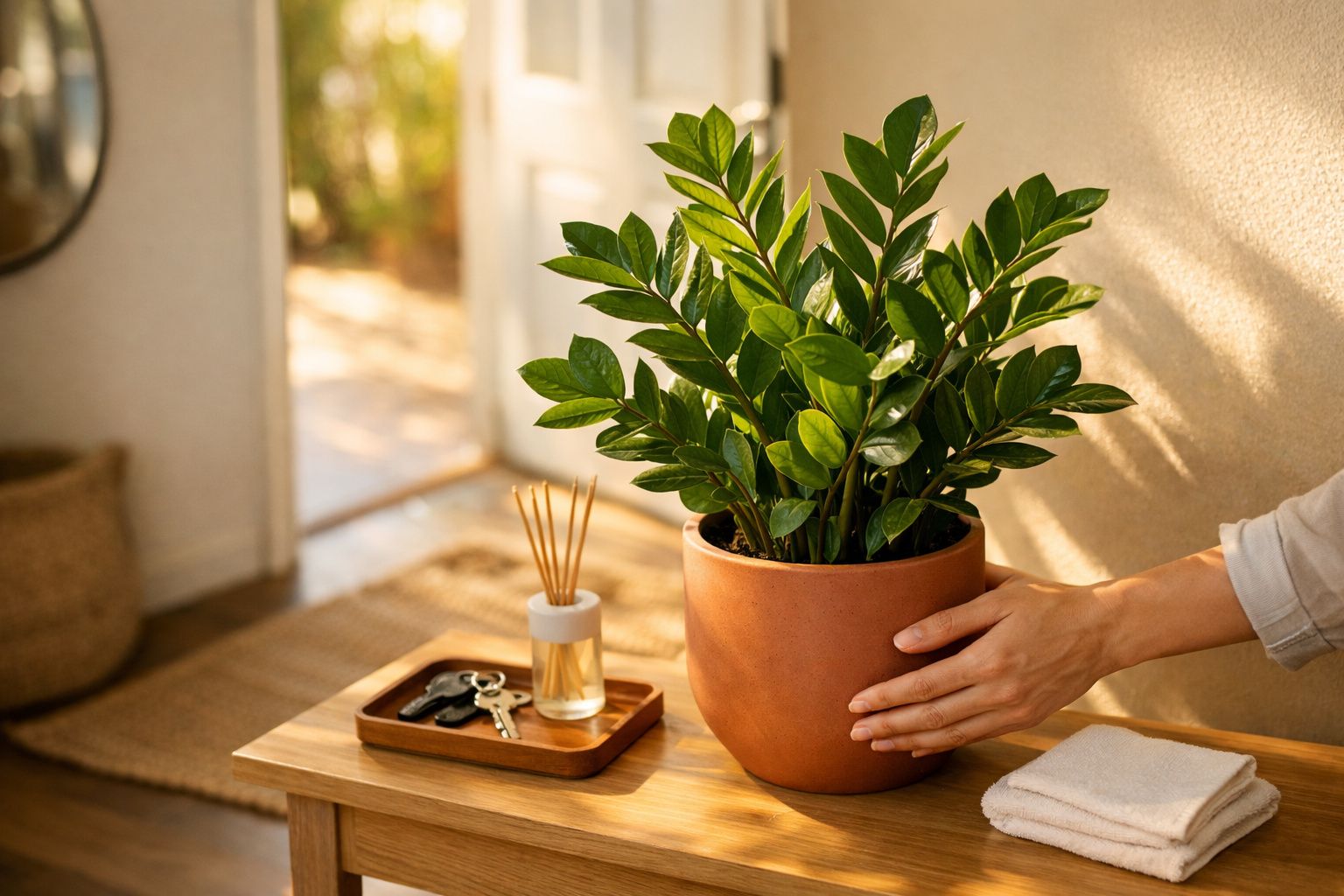 Mãos ajustam um vaso de planta verde numa mesa de madeira, com pedras e objetos decorativos ao lado, perto de uma porta abert