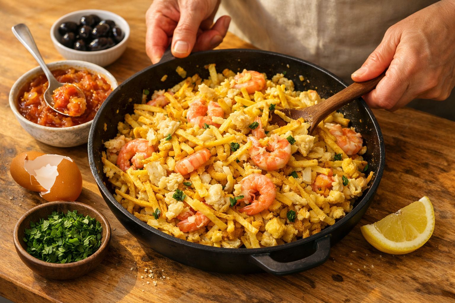 Prato de bacalhau à brás com camarões, com molho a ser adicionado por cima numa frigideira.