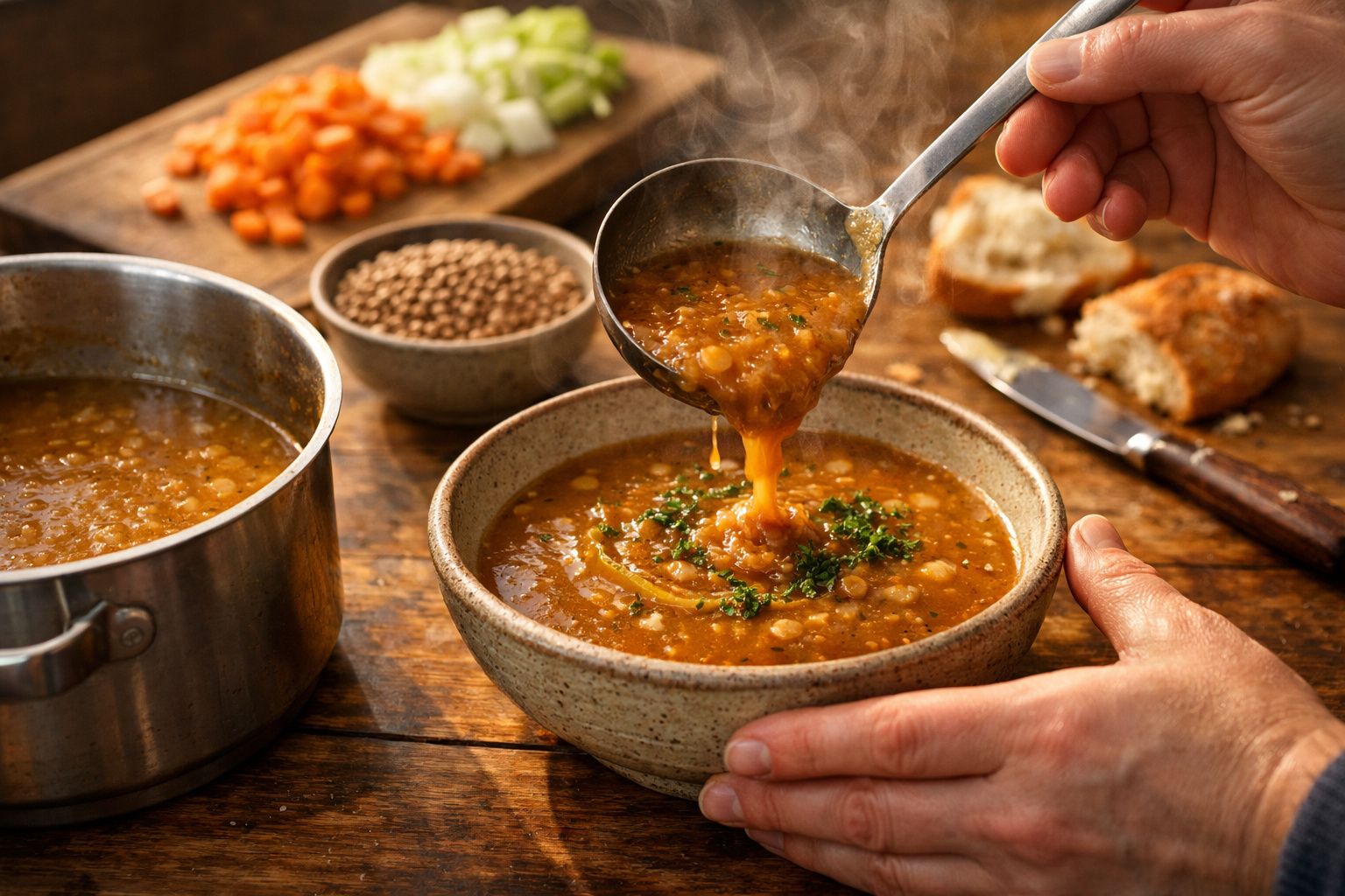 Mãos servem sopa fumegante numa tigela de cerâmica, com pão e ingredientes picados ao lado.