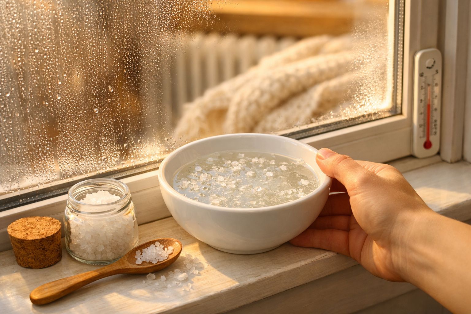 Mãos segurando uma taça de sal grosso junto a uma janela embaciada, com frasco e colher de madeira ao lado.