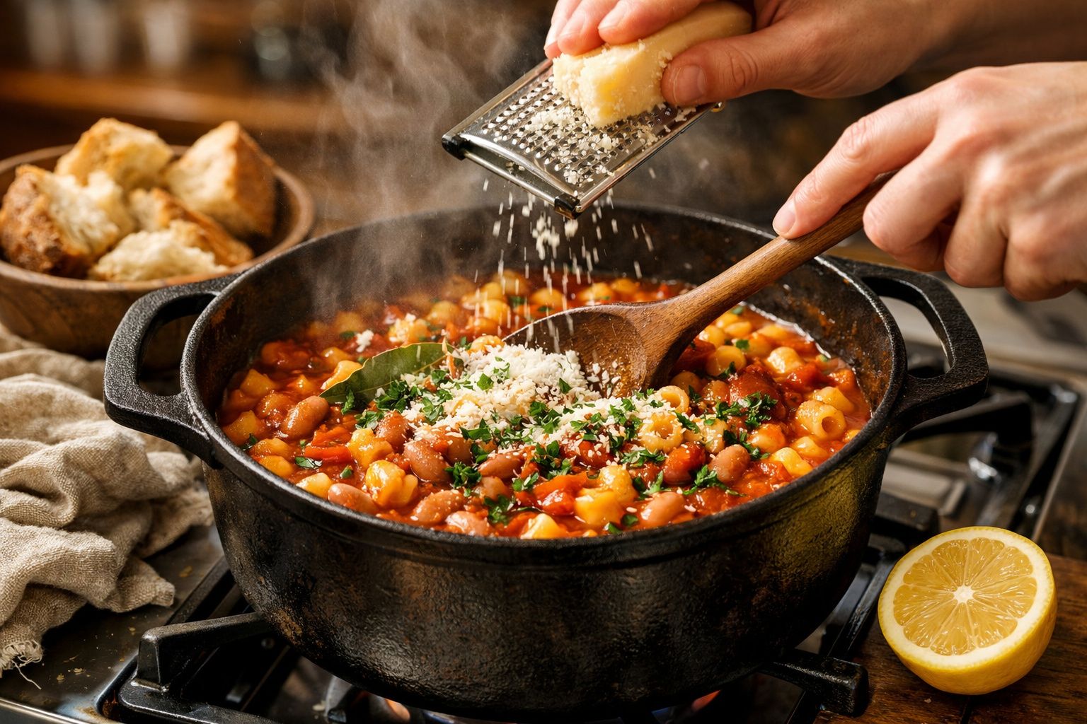 Pessoa mexendo um guisado de feijão com chouriço e legumes numa panela em cima de uma mesa de madeira.