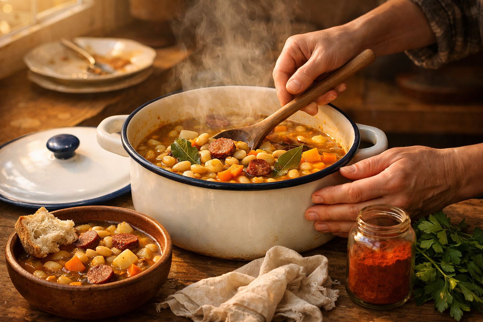 Pessoa mexe panela de guisado de feijão com chouriço e legumes, ao lado de tigela e pão, em ambiente rústico.