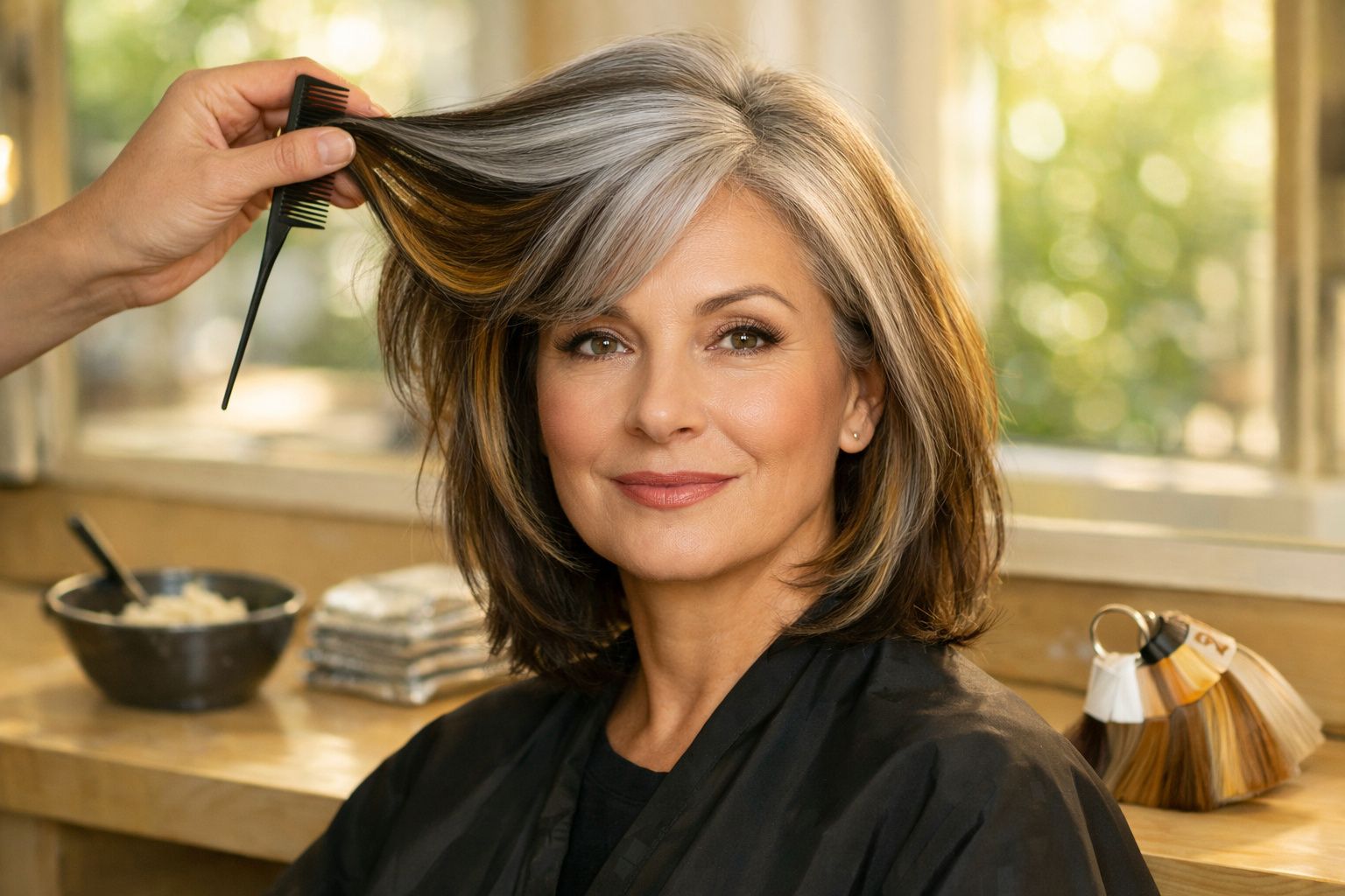 Mulher de cabelo grisalho num salão, a sorrir enquanto cabeleireiro ajusta o cabelo.