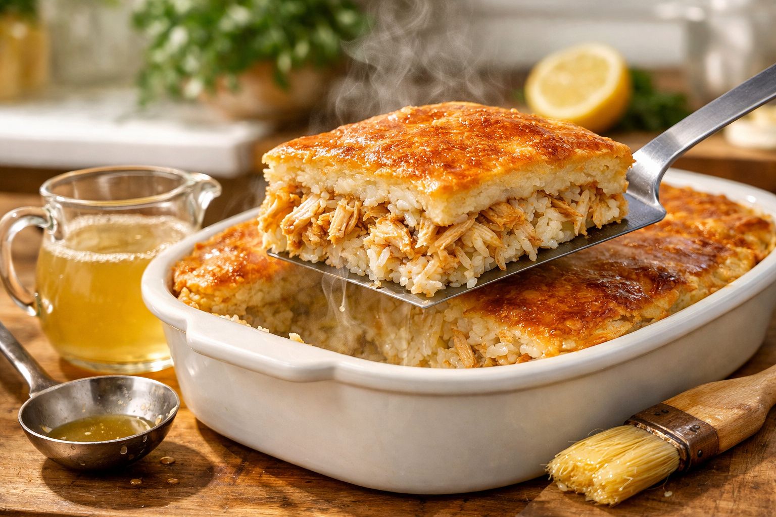 Arroz de forno dourado em travessa de cerâmica, sendo pincelado. Parte cortada mostra recheio de arroz e frango.