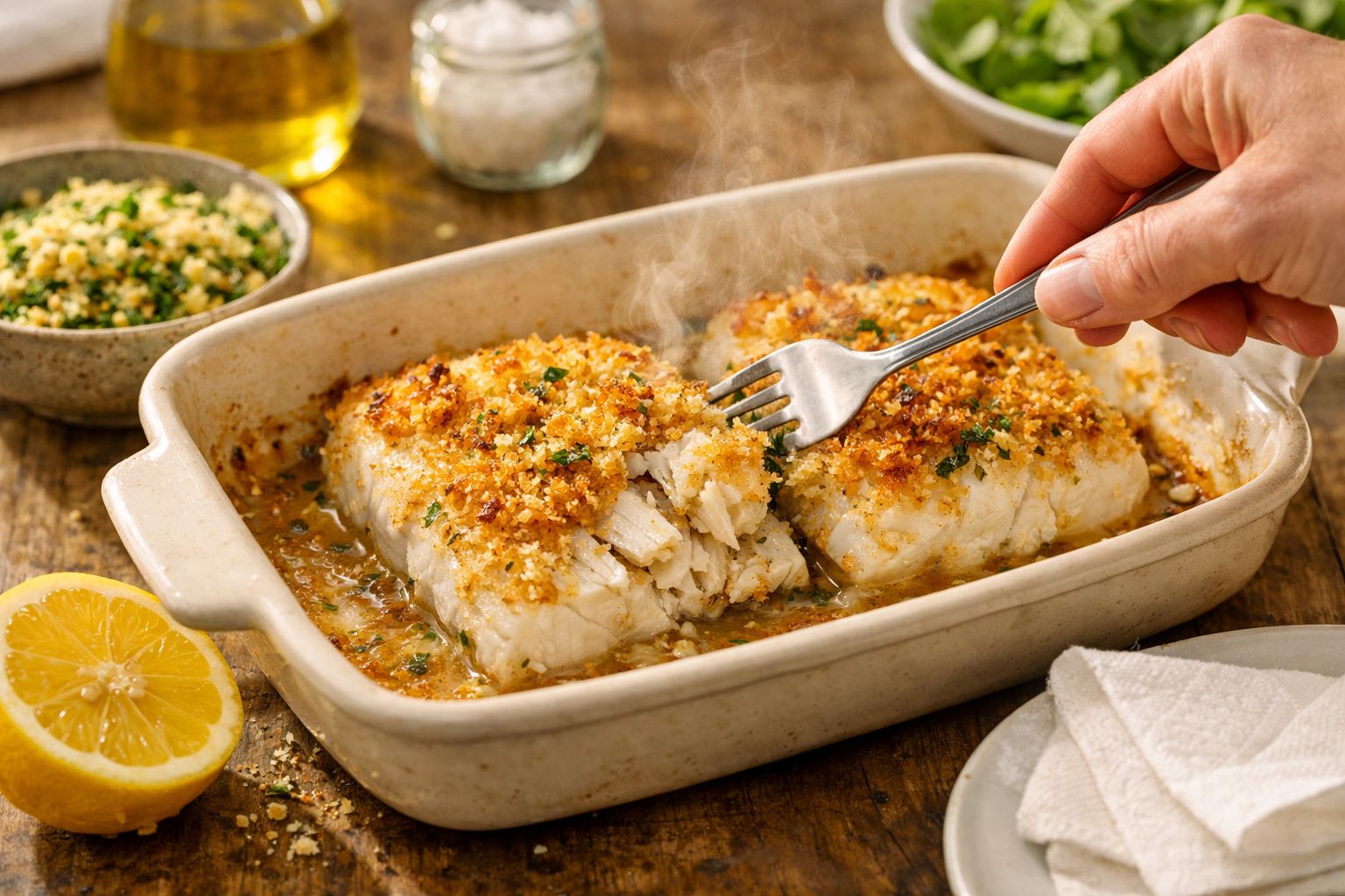 Lombos de peixe assados com crosta de pão ralado, sendo regados com sumo de limão, decorados com legumes.