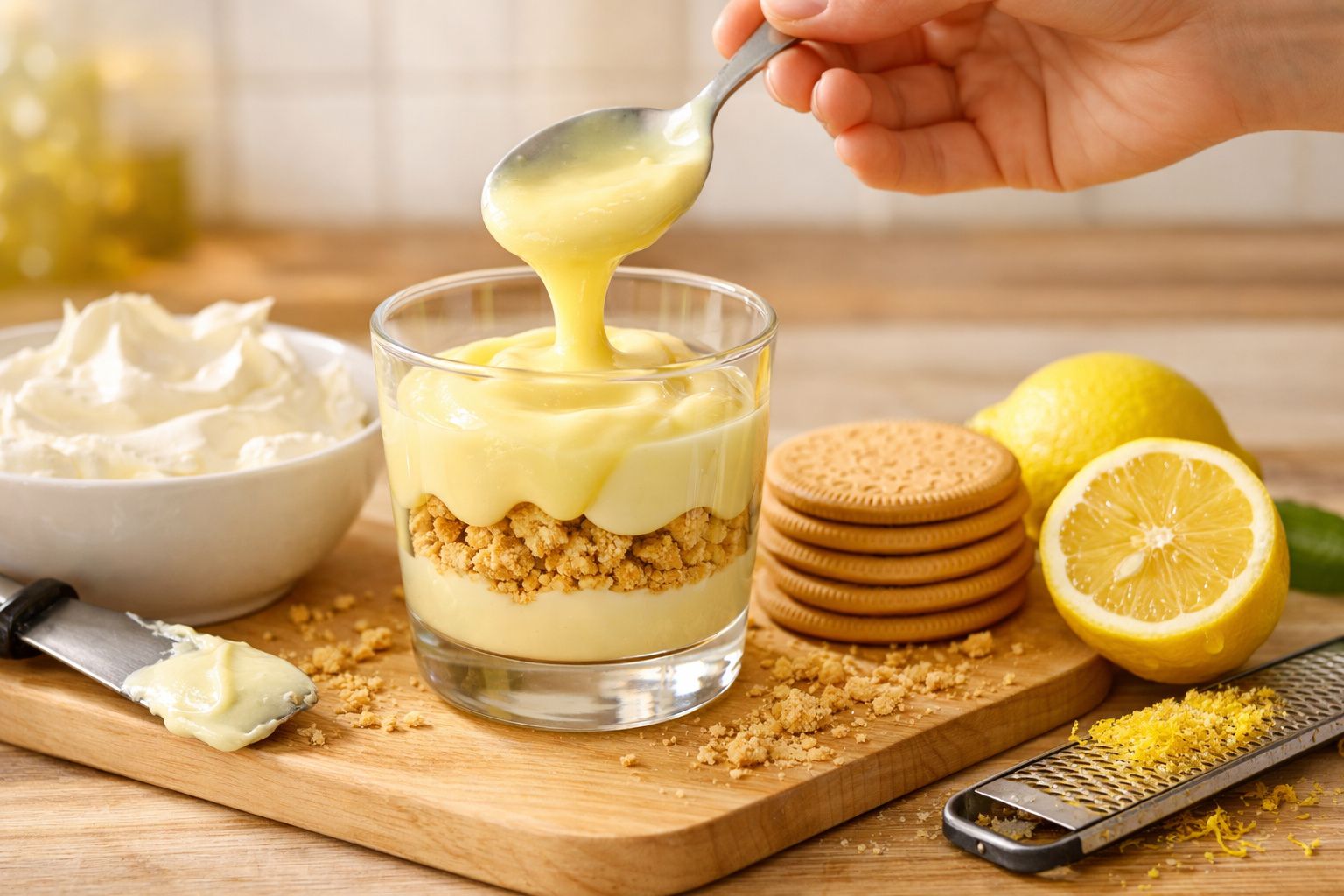 Pessoa prepara doce de limão com bolachas em taça de vidro na cozinha.