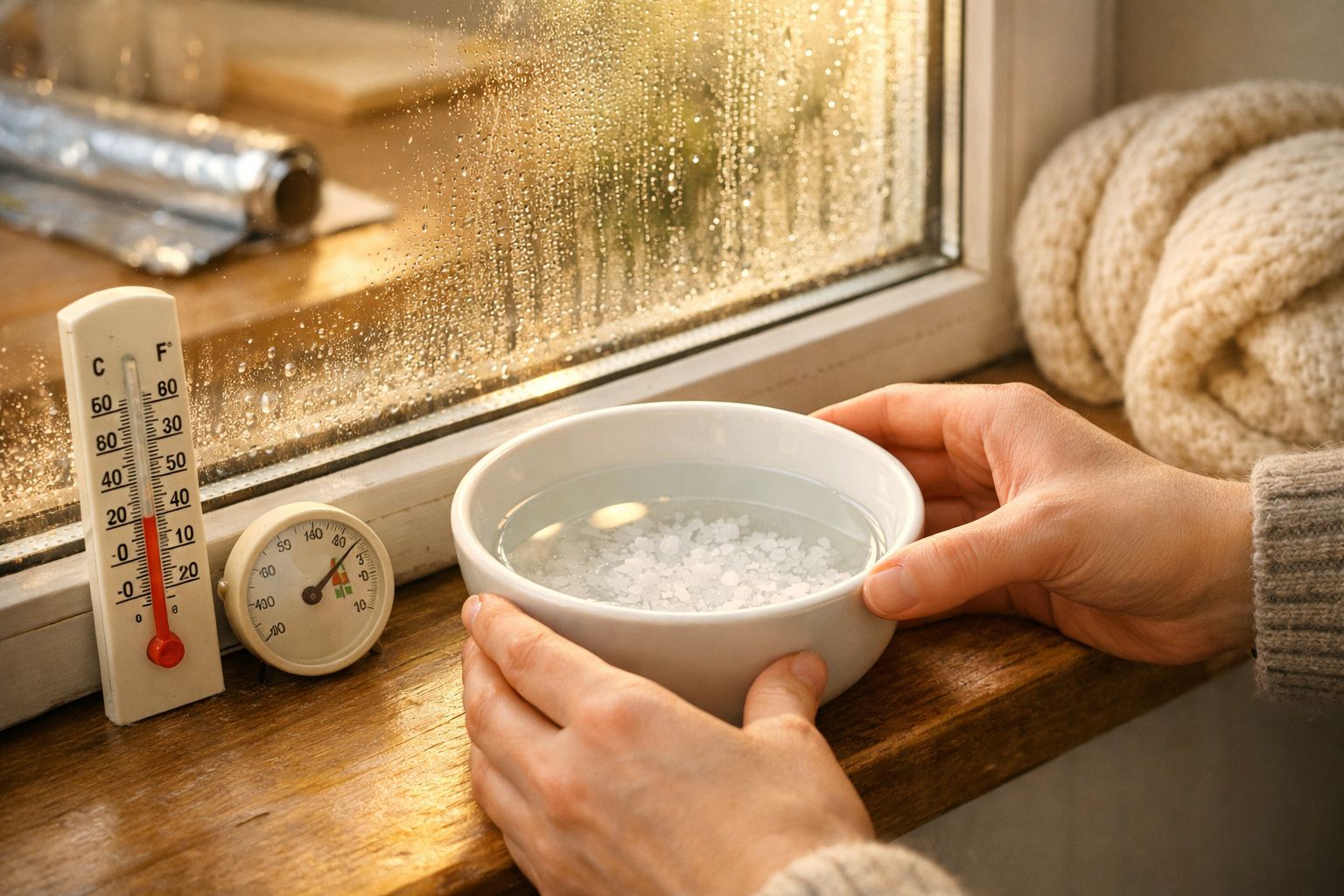 Mãos segurando uma tigela de sopa perto de uma janela com gotas de chuva; termómetro e saleiro ao lado.