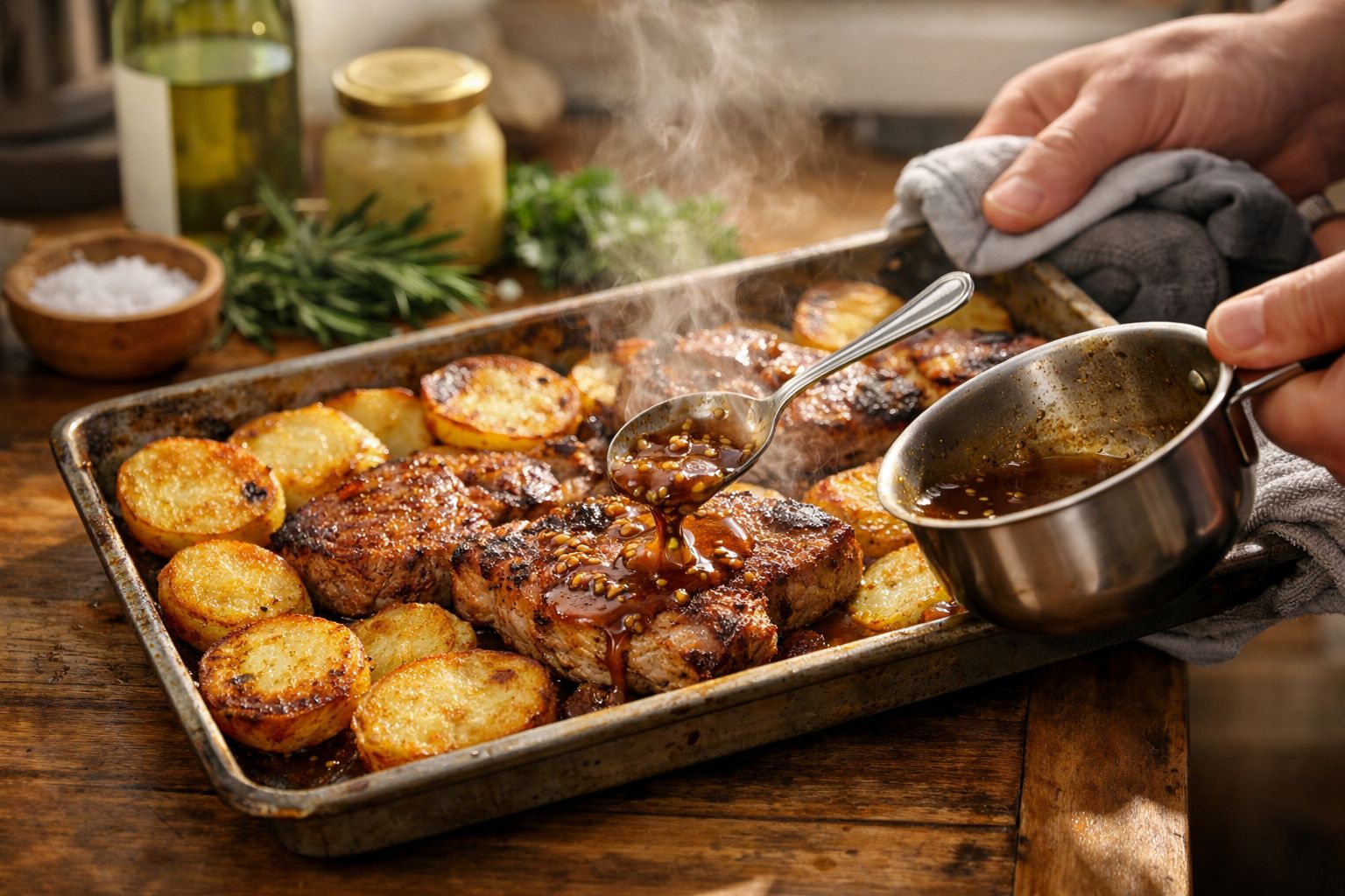 Carne assada com batatas num tabuleiro, coberta com molho quente derramado por uma colher.