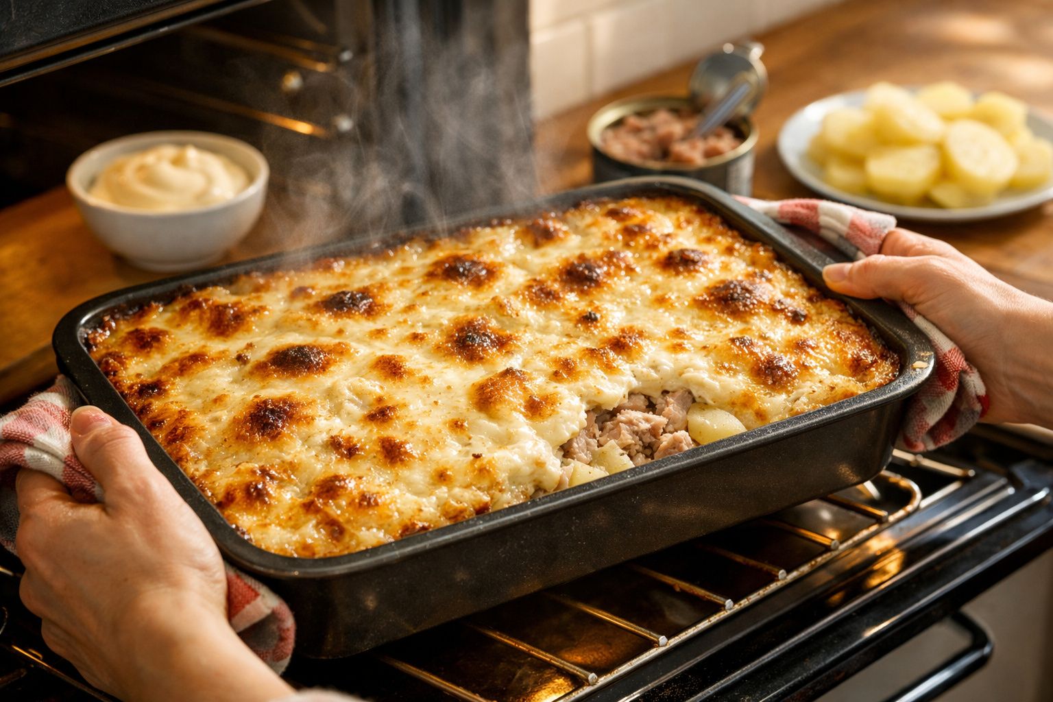 Travessa de lasanha gratinada a sair quente do forno, com queijo derretido, sendo servida com espátula.