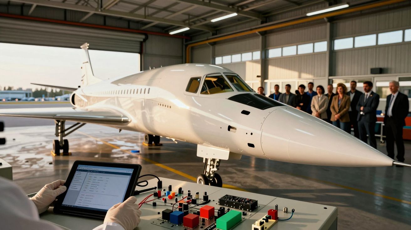 Avião supersónico em hangar com engenheiro a controlar sistema num tablet e grupo de pessoas ao fundo.