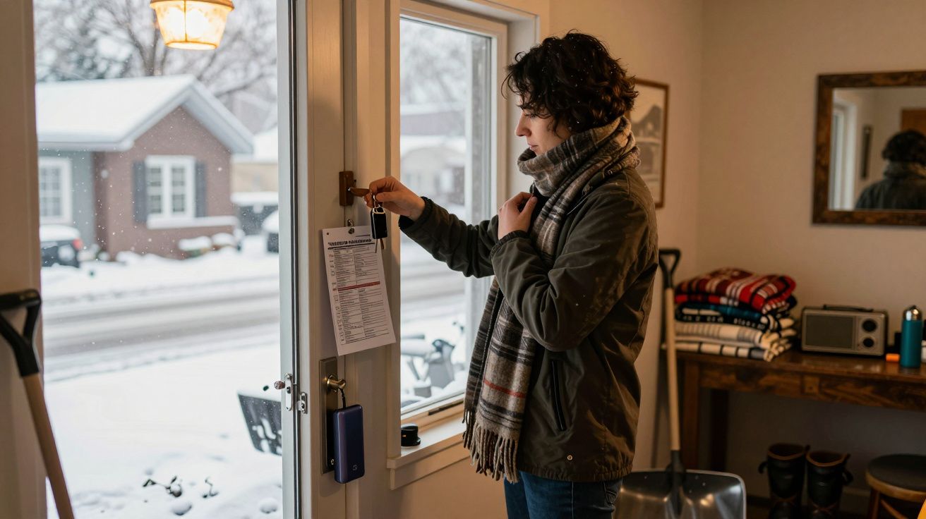 Pessoa de cachecol ajusta lista na porta, com neve lá fora e agasalhos na mesa.