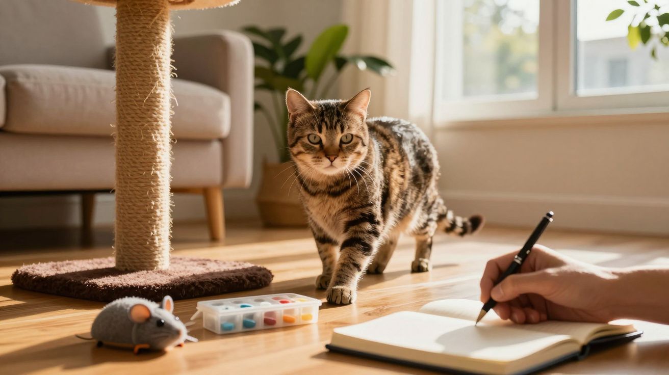 Gato malhado ao lado de arranhador, brinquedo de rato e paleta de tintas. Pessoa escreve num caderno.