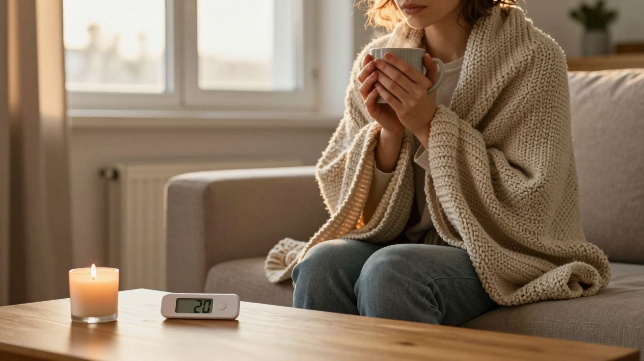 Mulher sentada num sofá, com manta e chá na mão, ao lado de velas e termómetro que marca 20°C.