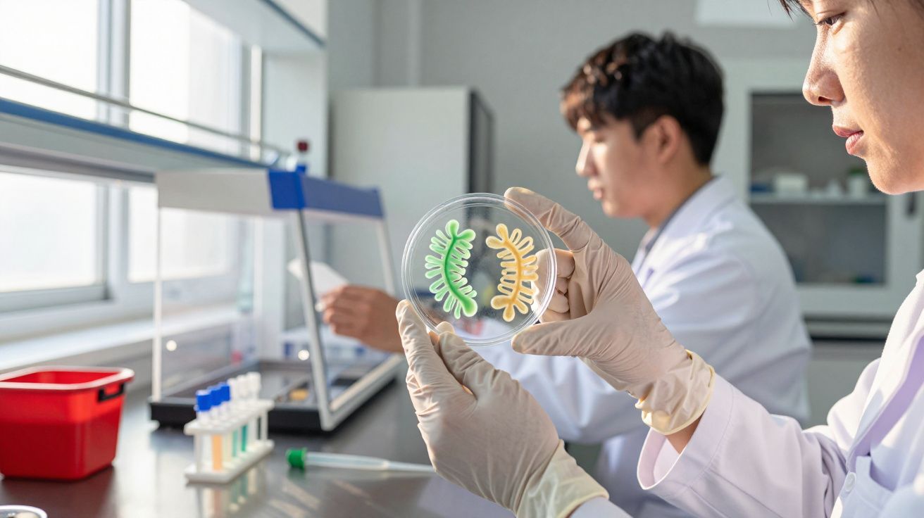 Dois cientistas em laboratório, um segura uma placa de Petri com colónias coloridas.