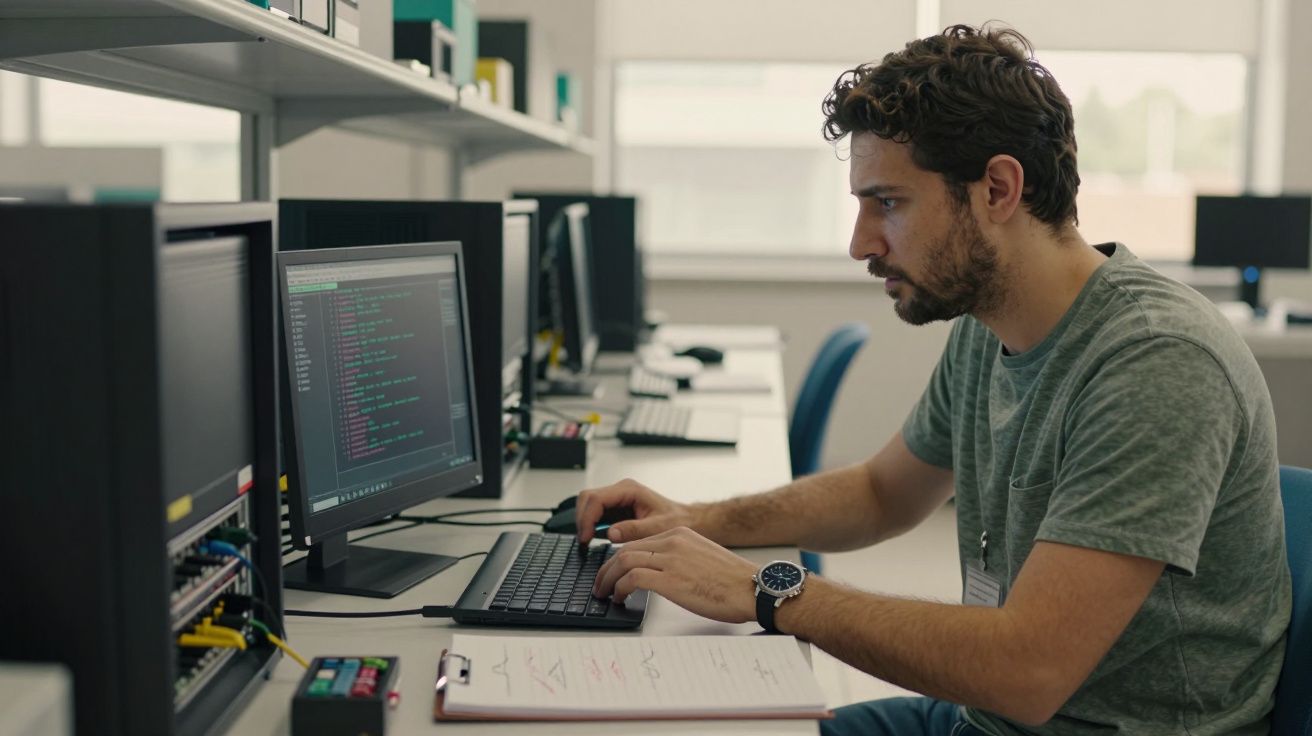 Homem concentrado a programar num computador de secretária numa sala de escritório moderna.