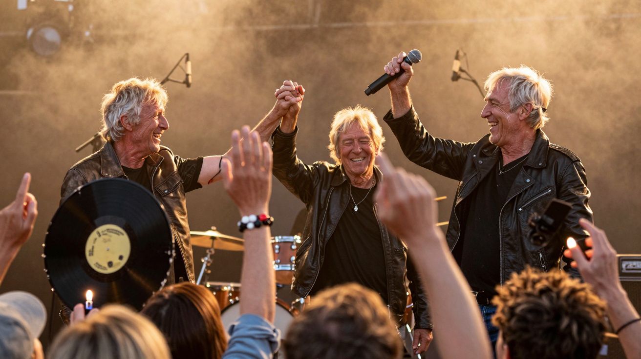 Três músicos idosos no palco segurando as mãos, com um público entusiasmado à frente, sob luz dourada.