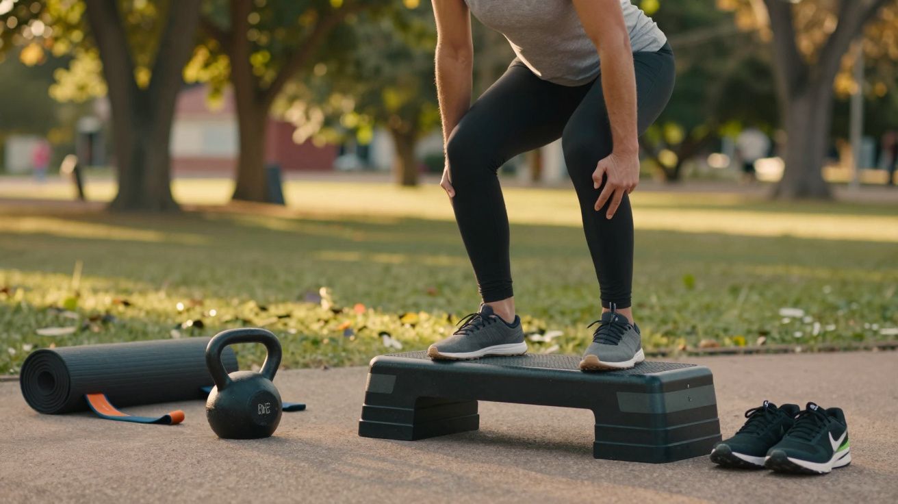 Pessoa de calças pretas a treinar ao ar livre com step, kettlebell e tapete de exercício.