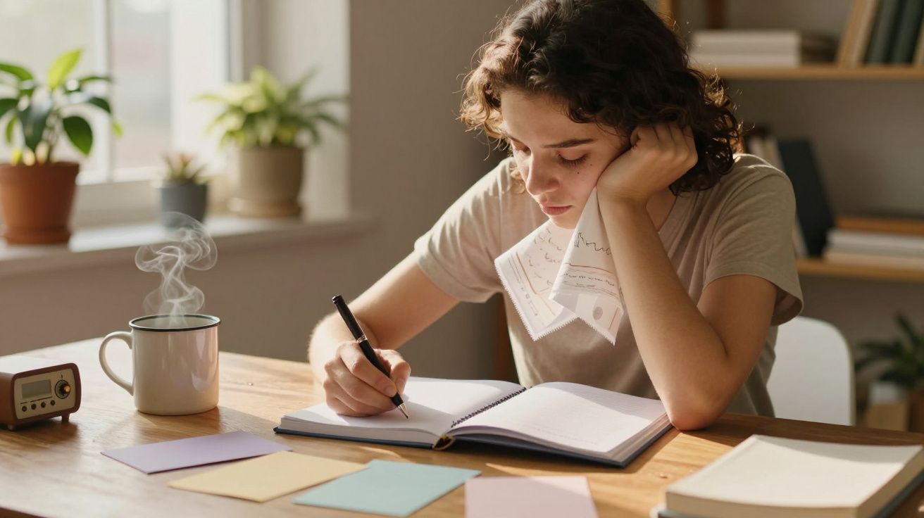 Mulher jovem escreve num caderno à mesa com chávena, rádio e plantas ao fundo.