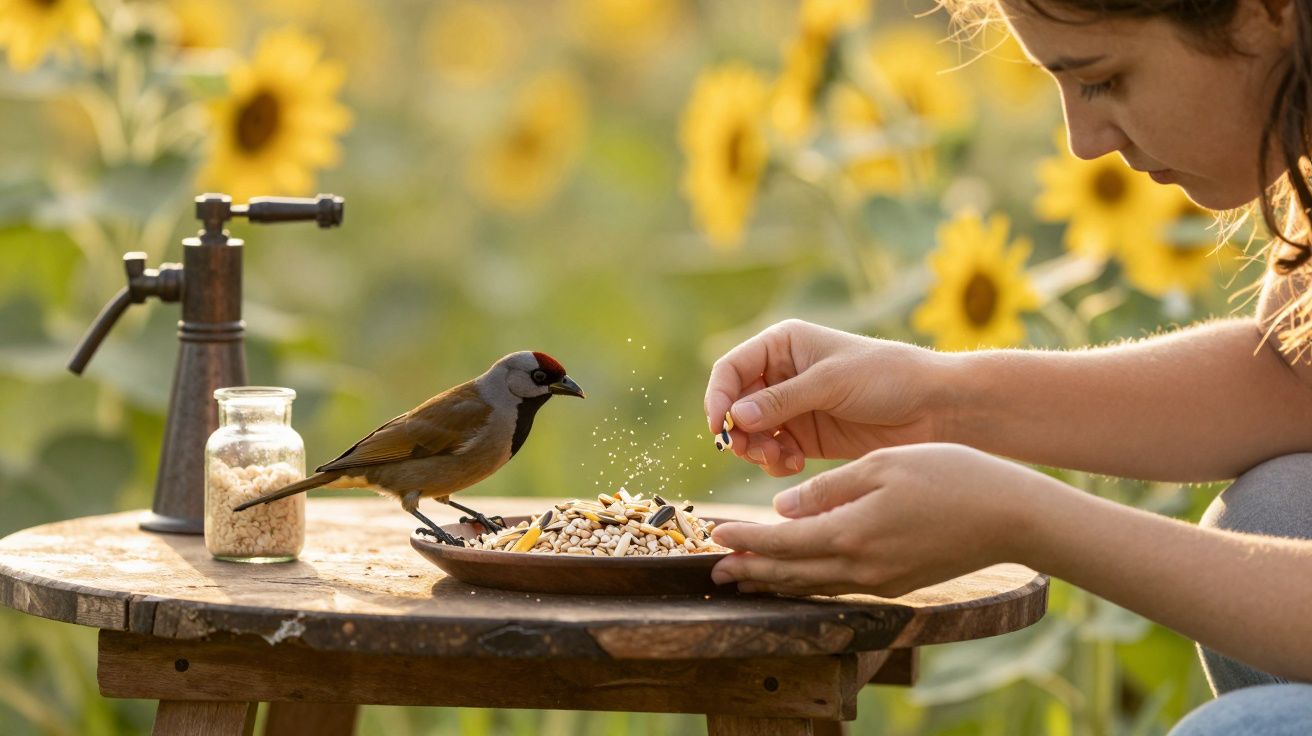 Mulher alimenta pássaro em mesa ao ar livre, rodeada por girassóis, enquanto o sol ilumina a cena.