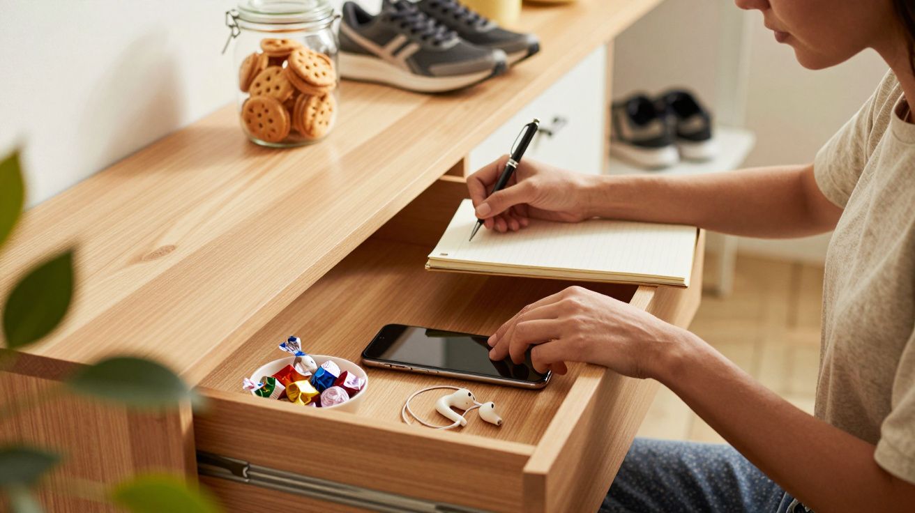 Pessoa escreve num bloco de notas numa secretária de madeira, com gaveta aberta contendo telemóvel e doces.