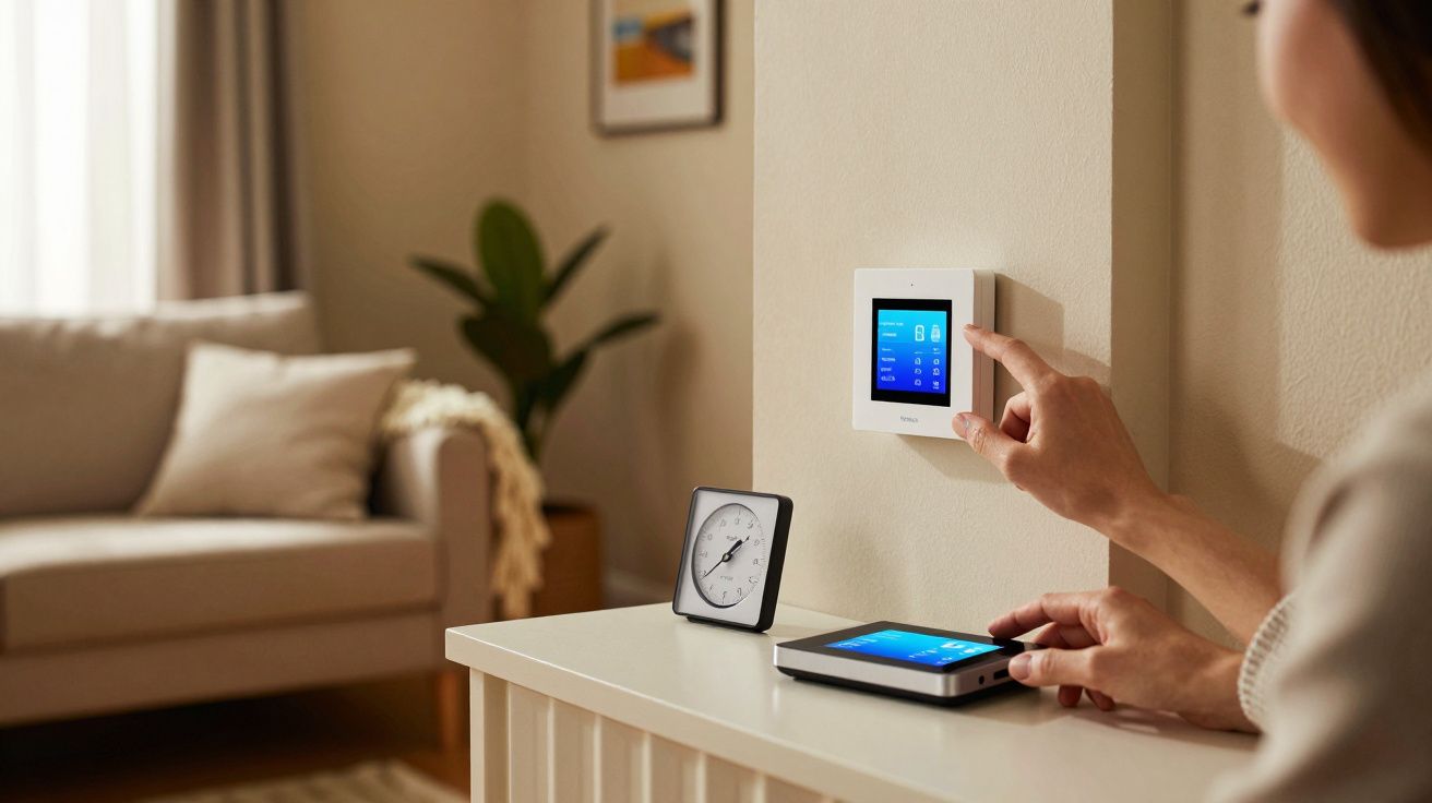 Pessoa ajusta um termostato digital numa sala moderna com sofá, relógio e planta.