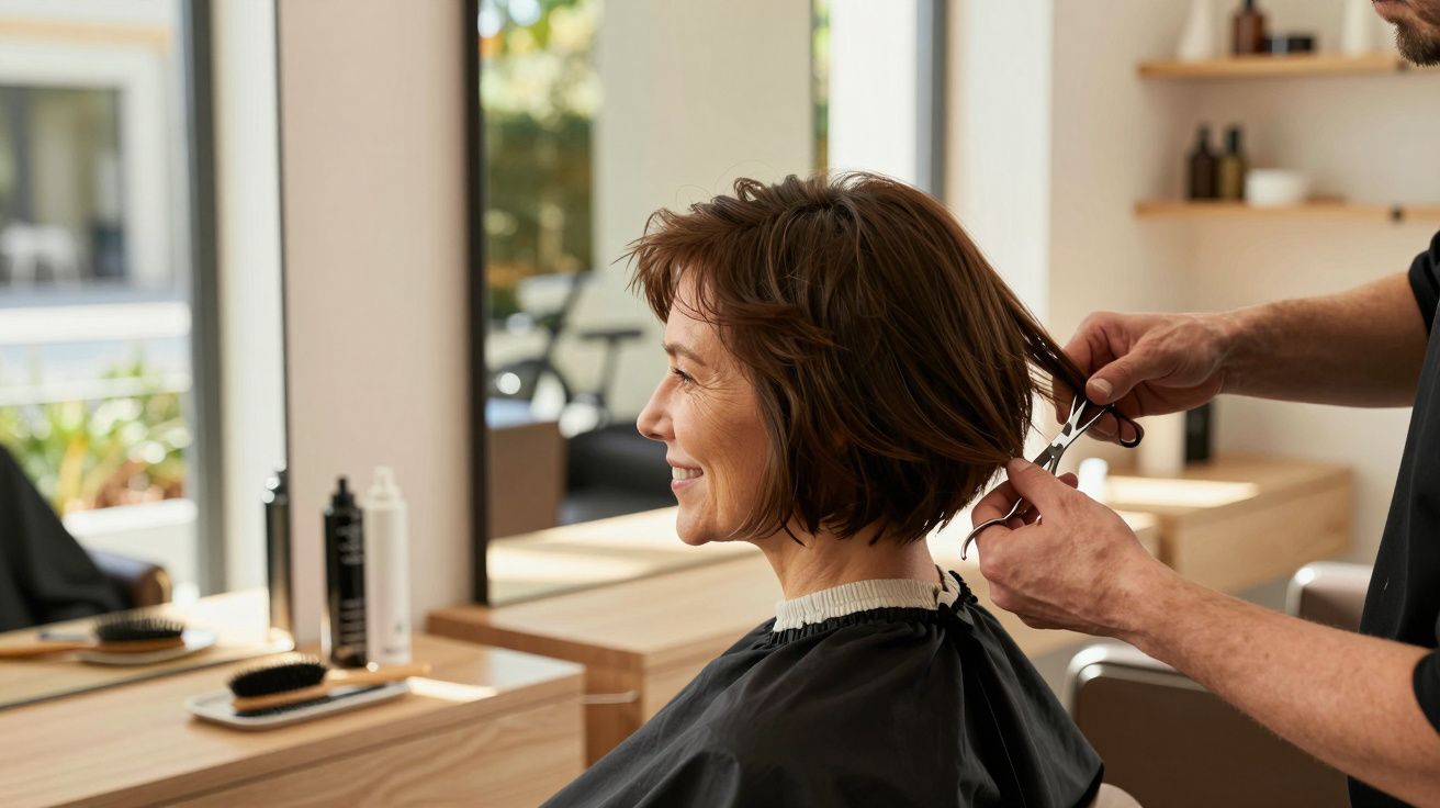 Mulher a sorrir enquanto cabeleireiro corta o seu cabelo num salão iluminado.