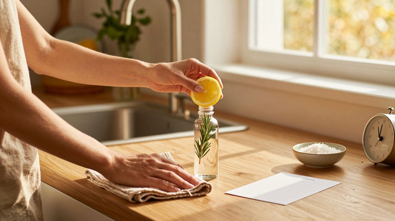 Mão a espremer limão numa garrafa com alecrim numa cozinha iluminada, perto de um lavatório e temporizador.