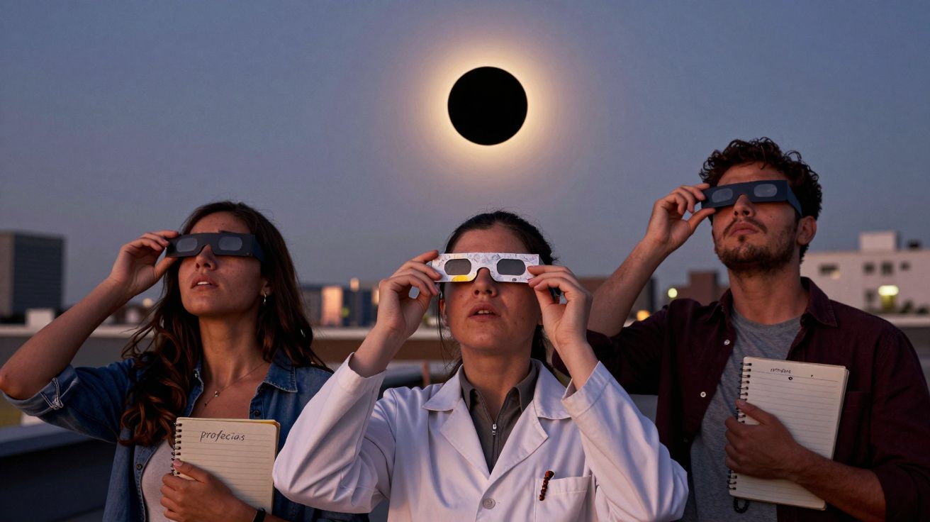 Três pessoas observam um eclipse solar usando óculos especiais e segurando blocos de notas ao ar livre.