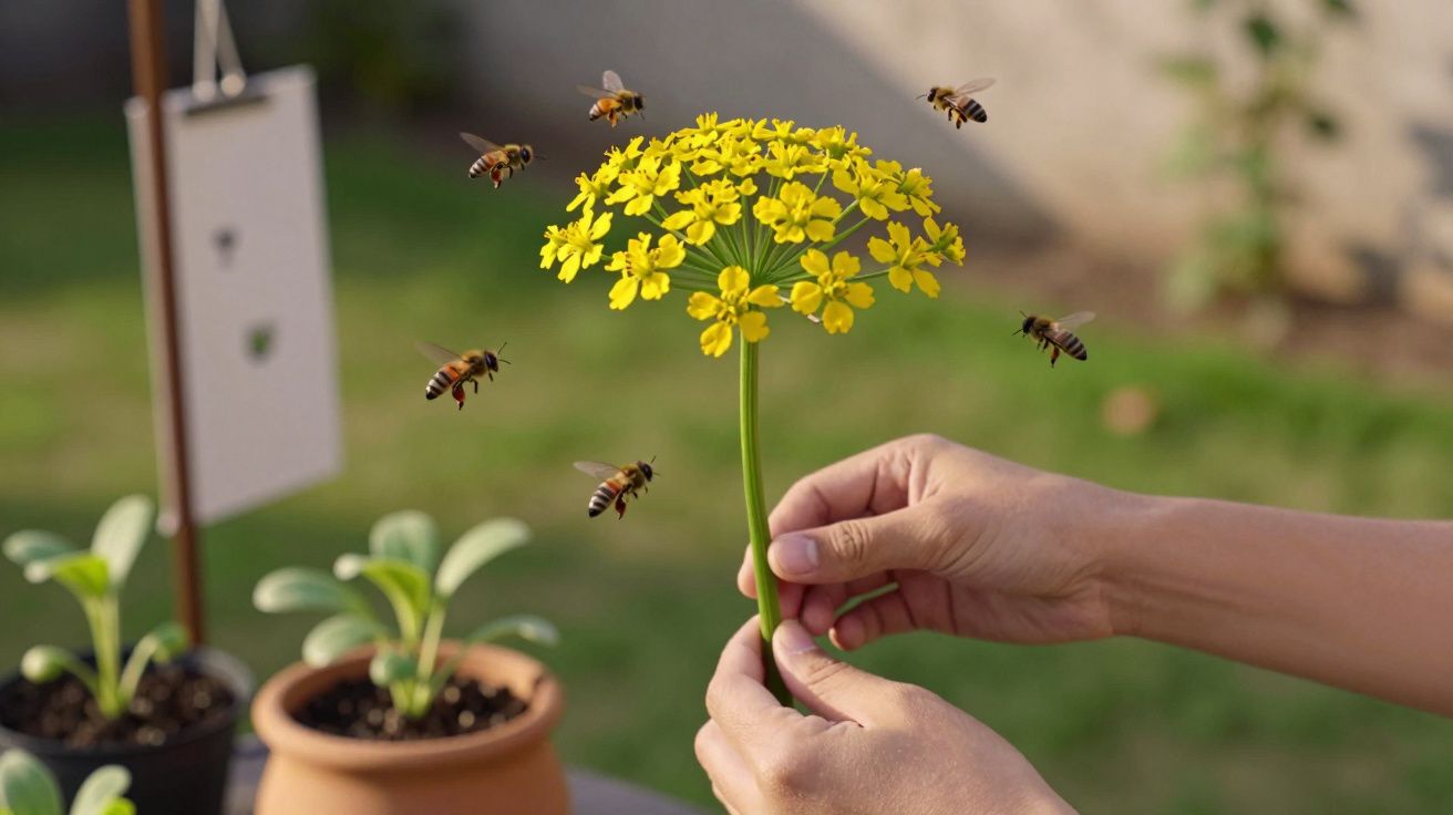 Mãos seguram flor amarela enquanto abelhas voam ao redor, com plantas em vasos desfocados ao fundo.