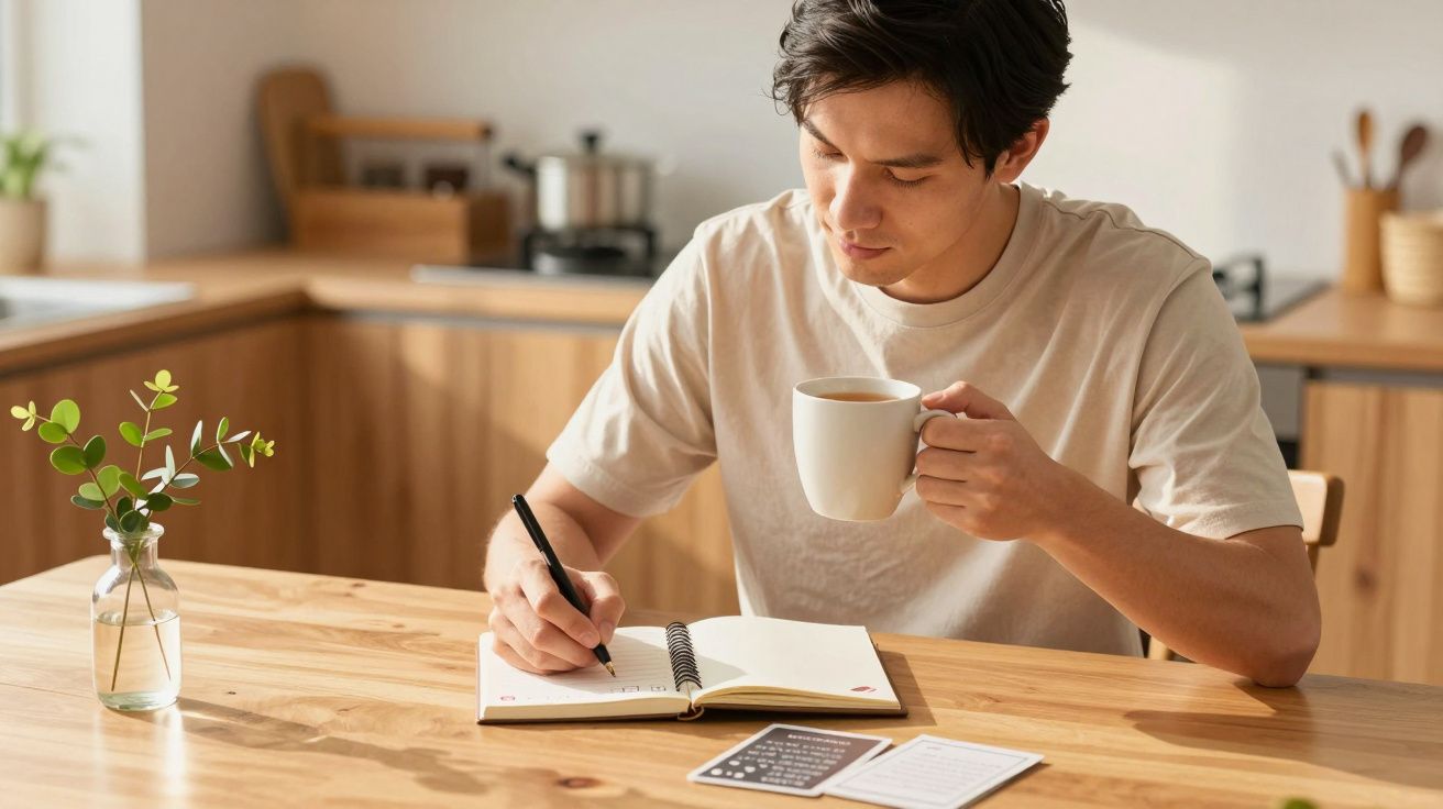 Homem escreve num caderno enquanto segura uma chávena de café, sentado numa mesa de madeira numa cozinha iluminada.