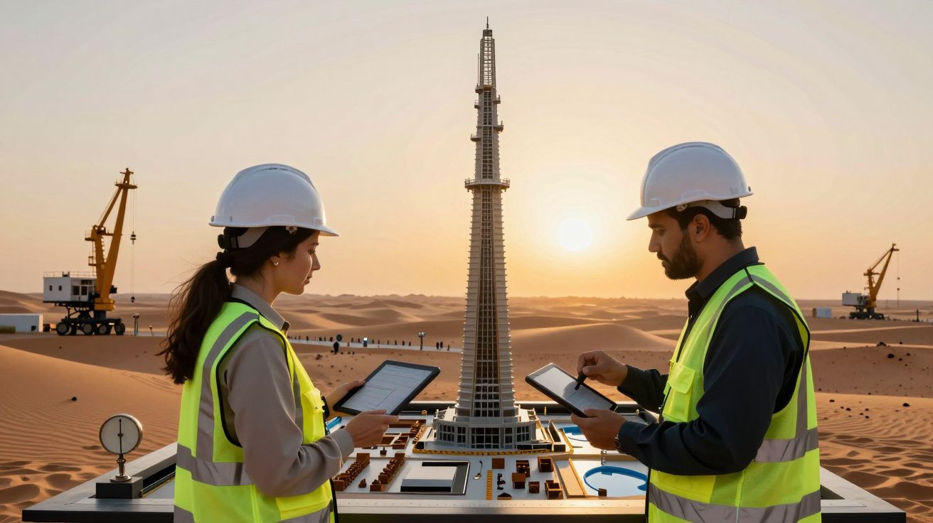 Dois engenheiros analisam um modelo de arranha-céus no deserto ao pôr-do-sol, usando tablets e capacetes de proteção.
