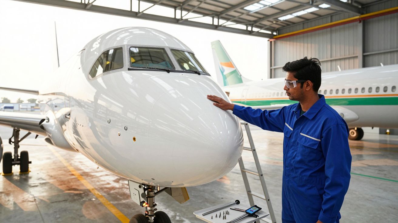 Técnico examina a fuselagem de um avião num hangar, usando macacão azul e óculos de proteção.