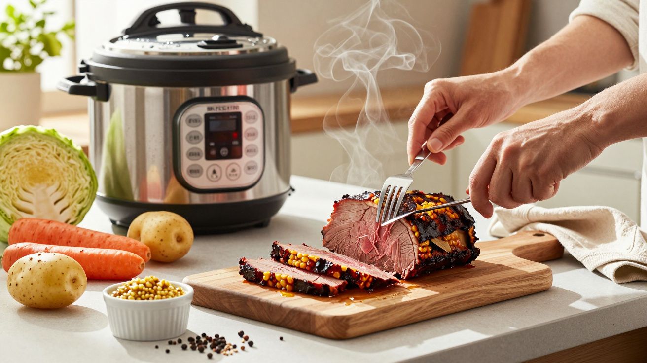 Pessoa a cortar carne assada numa tábua, ao lado de uma panela de pressão elétrica e ingredientes frescos.