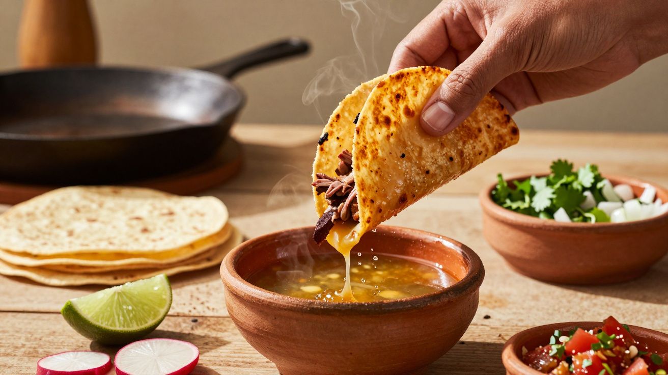 Mão mergulha taco em caldo fumegante com tigelas de guarnições e limão ao fundo.