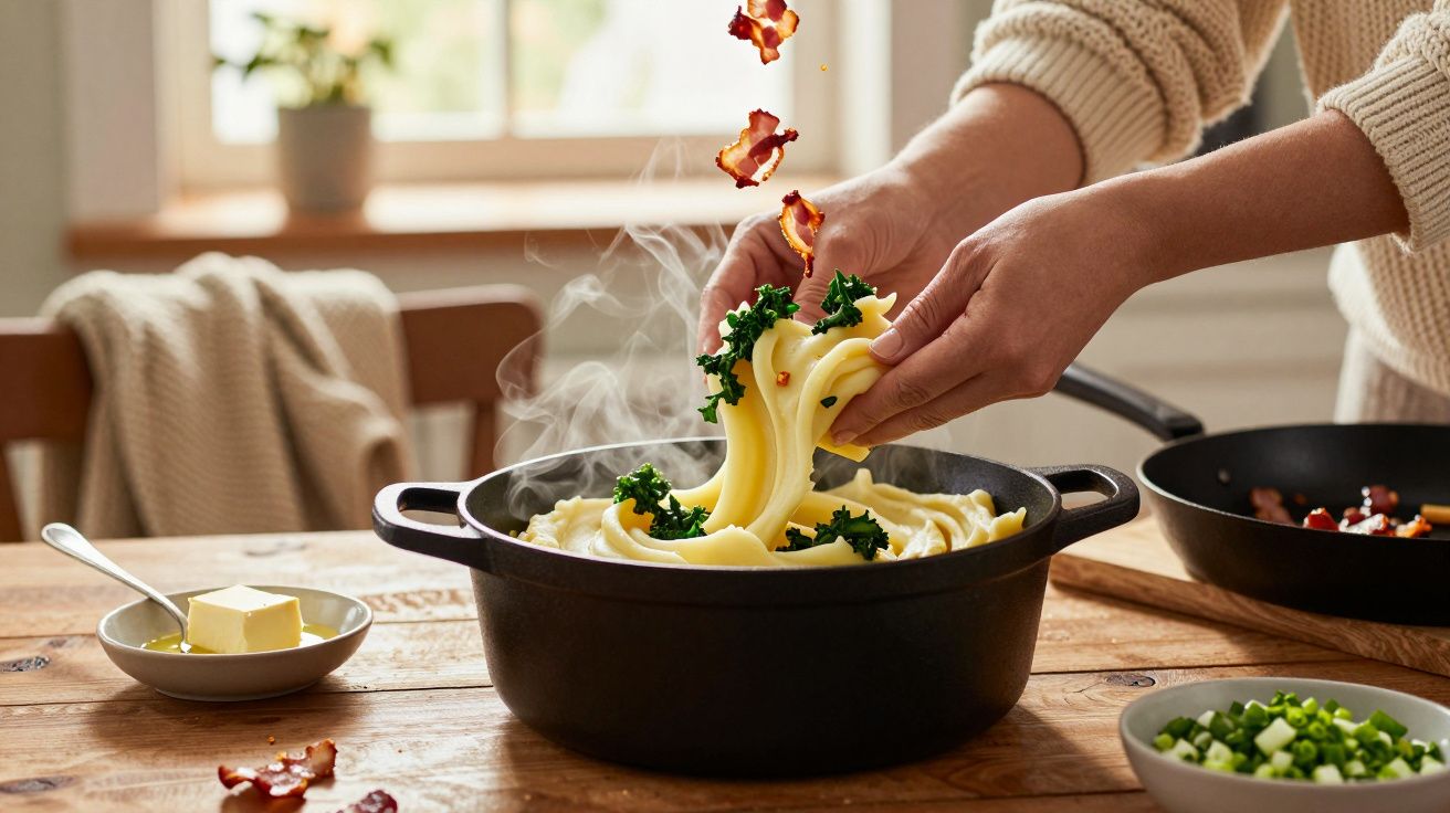 Pessoa a cozinhar puré de batata cremoso com bacon e salsa numa panela preta em cima de uma mesa de madeira.