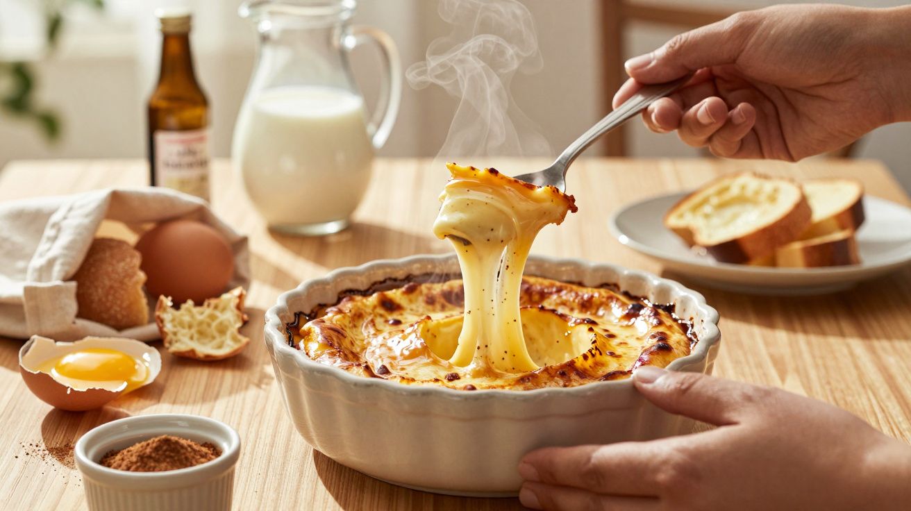 Mão segurando colher com queijo cremoso derretido de um prato gratinado em cima de uma mesa de madeira.