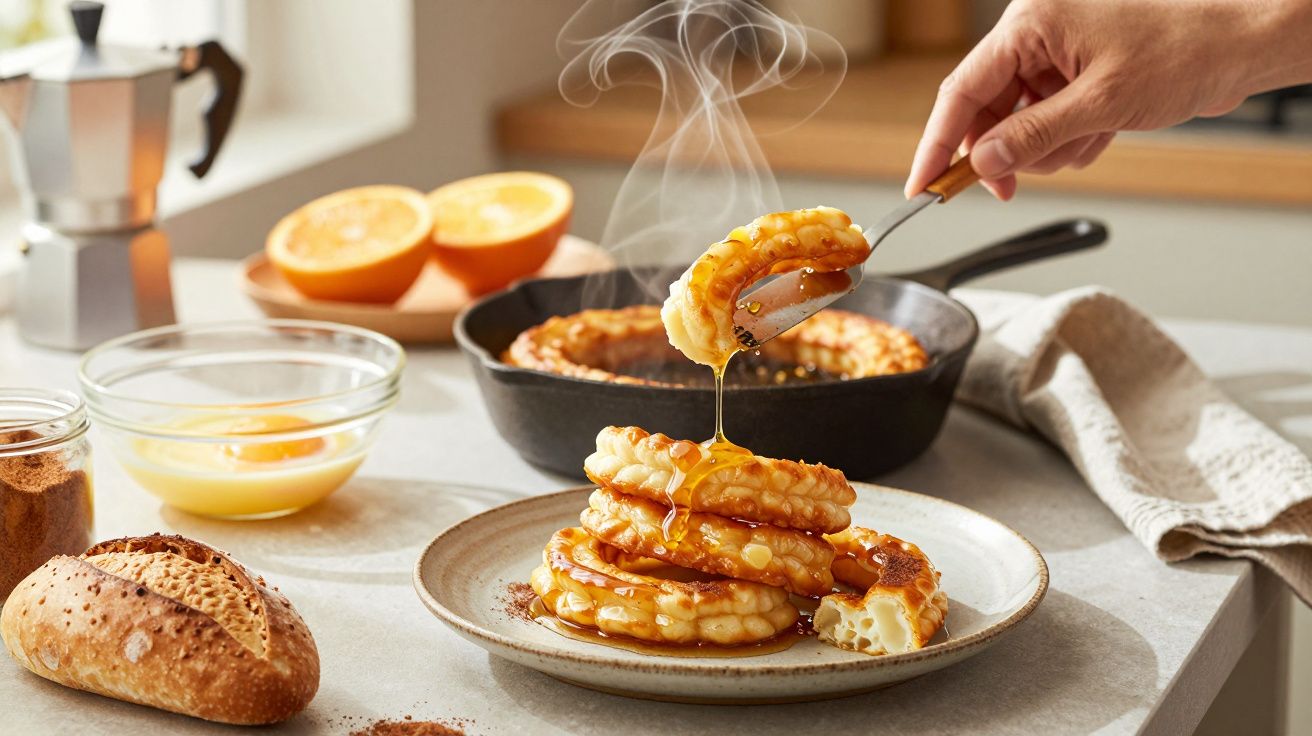 Panquecas quentes com calda de laranja a escorrer, prato ao lado de pão e tigela de ovos na bancada da cozinha.