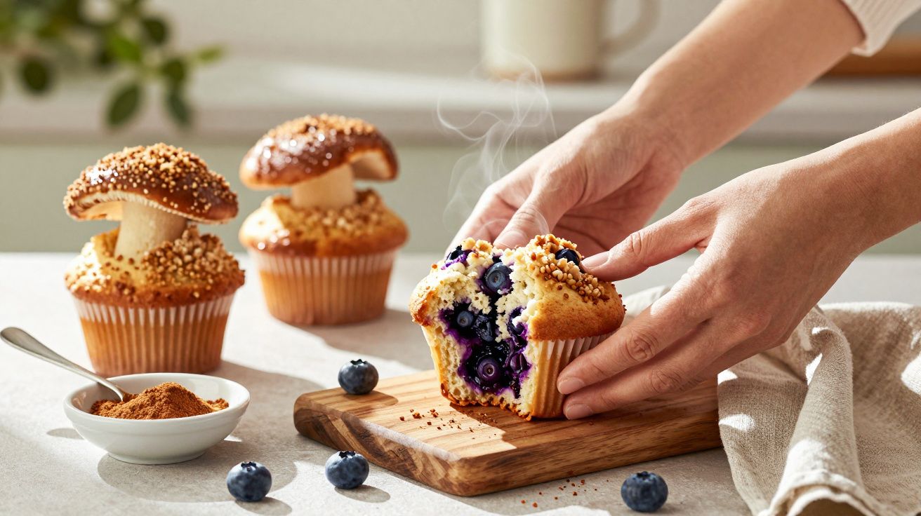 Mãos seguram muffin de mirtilo com cobertura, em forma de cogumelo, sobre tábua de madeira na cozinha.
