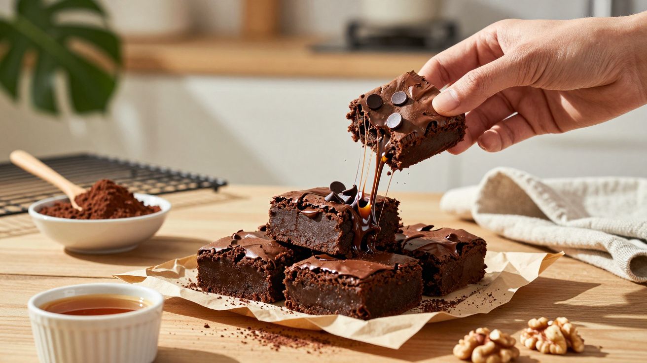 Mão a segurar um brownie de chocolate com caramelo a escorrer, empilhado sobre outros brownies num balcão de cozinha.