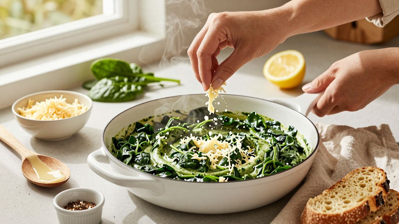 Pessoa a adicionar queijo ralado sobre espinafres cozinhados num prato. Ao lado, limão e fatias de pão.