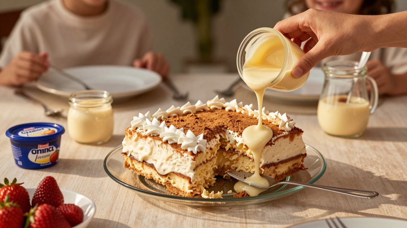 Pessoa a adicionar creme líquido a bolo num prato, com taças e morangos na mesa.