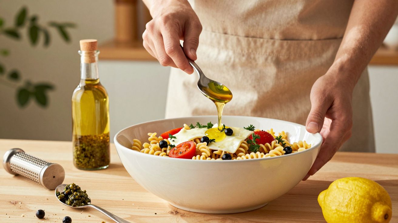 Pessoa a verter azeite sobre uma salada de massa com tomate, queijo e azeitonas.